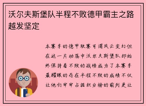 沃尔夫斯堡队半程不败德甲霸主之路越发坚定